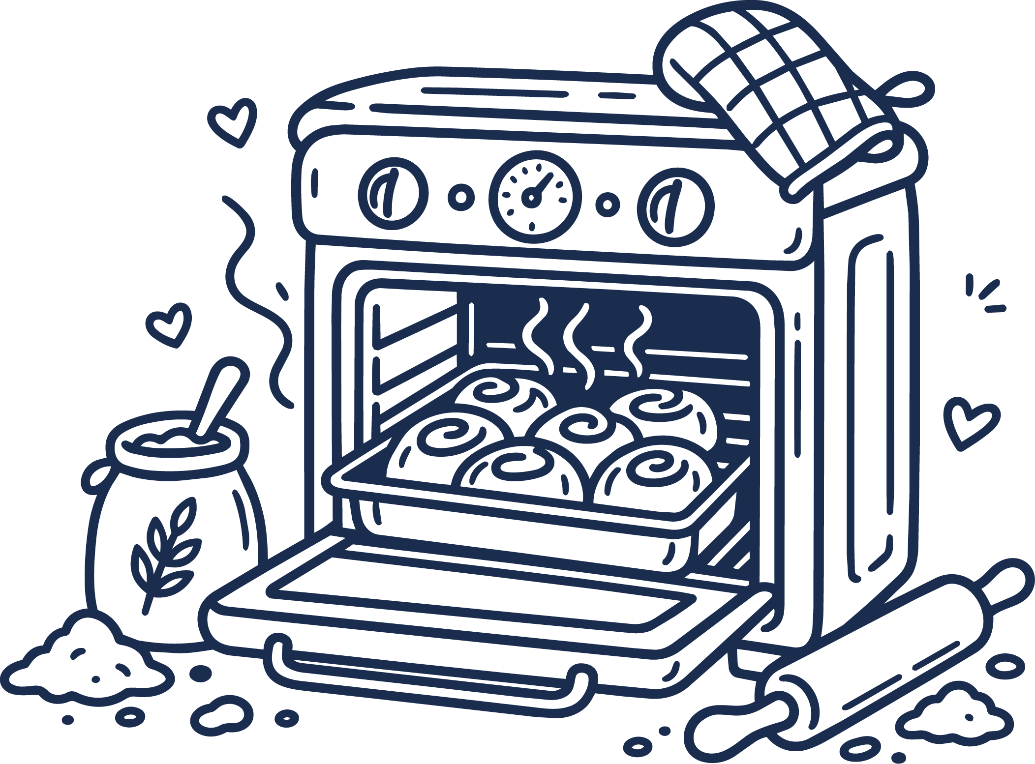 Illustratie van oven met versgebakken broodjes en bakbenodigdheden bij Bakstudio Zoet & Hartig