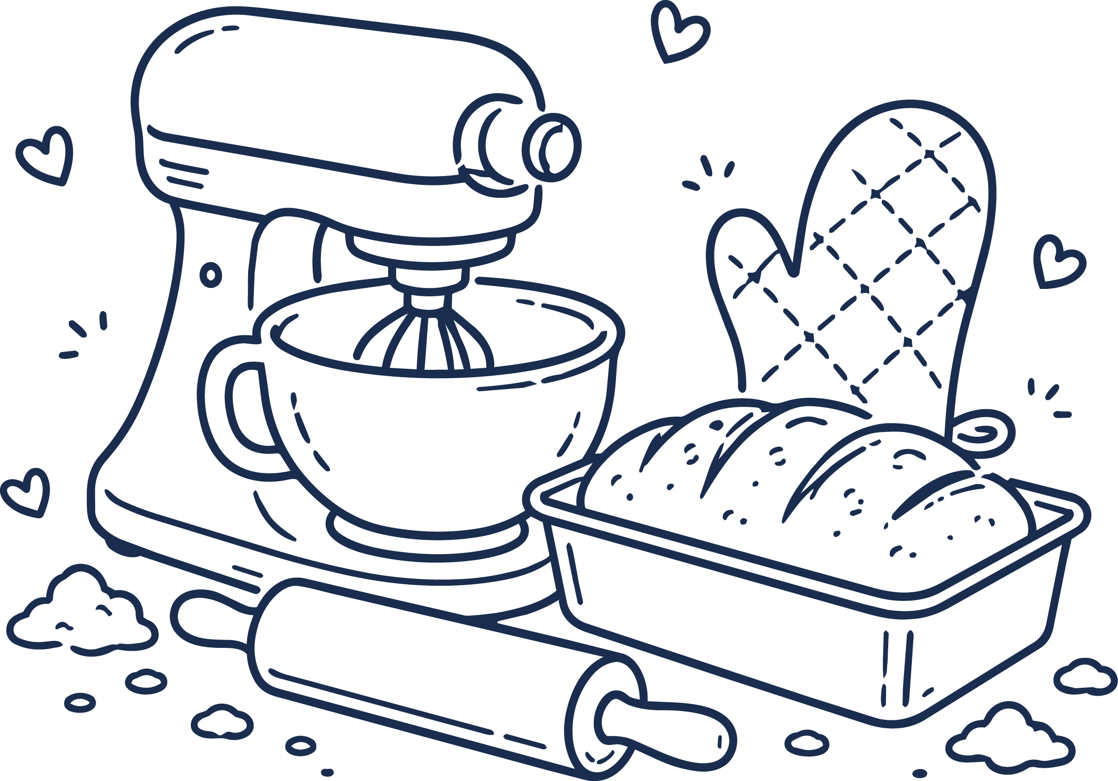 Illustratie van keukenmixer, brood, ovenwant en deegroller bij Bakstudio Zoet & Hartig